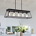 XIPUDA Farmhouse Chandeliers for Dining Room, Rustic Kitchen Island Light Fixture, 5-Light Linear Pendant Lighting Rectangular Chandelier, Metal Solid Ceiling Lights Black