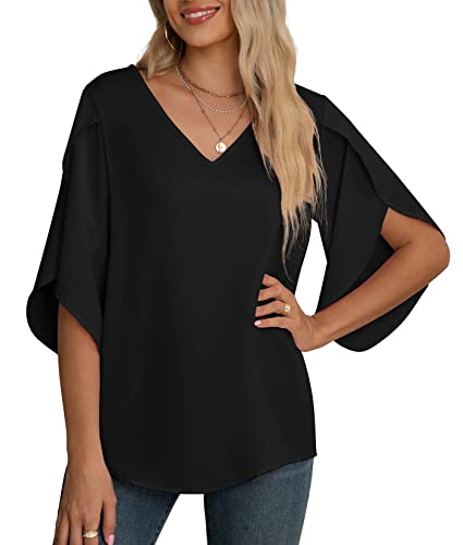 Yommay Damen Bluse Elegant V Ausschnitt Sommer T-Shirts Casual Leicht Chiffon Tunika Kurzarm Tops,Schwarz,XXL