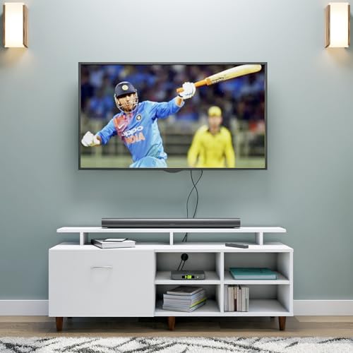 Image of VIKI Modern TV Unit for Living Room | Engineered Wood TV Cabinet with 1 Drawer Storage, 2 Open Shelves & Extension,Entertainment Unit, 140W x 48H x 40D cm | DIY | 1 Year Warranty (White)