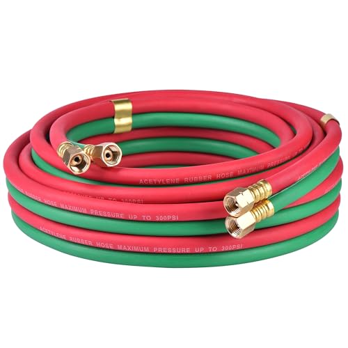 RainBello Oxygen Acetylene Hose Twin Welding Hose 1/4 25FT - 300 PSI Red & Green Torch Hose with 9/16-18 B Fittings Grade R for Gas Welding Cutting & Brazing