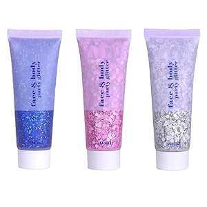 3 Colors Face Body Glitter Gel, Sequins Shimmer Liquid Eyeshadow, Chunky Glitter for Face Hair Nails, Holographic Cosmetic Laser Powder,Rave Festival Glitter Makeup.(01#Blue+03#Pink+05#Silver)