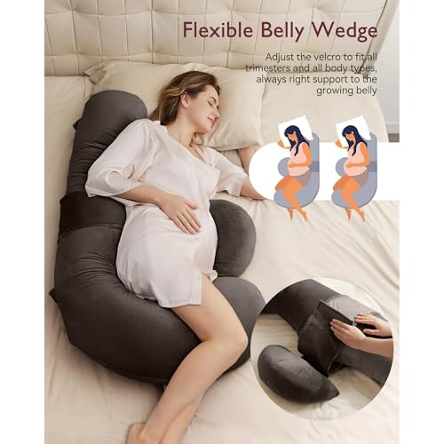 Image of J-Shaped Sleeping Pregnancy Pillow| Removable Velvet Covers| PregnoCare Fibres| Baby Shower Gift, Maternity, Nursing| Full Body Soft-Support Bump, Head, Back, Shoulder, Hips, Legs and Belly (Brown)