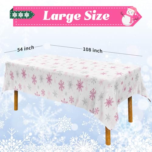 Image of Labeol 3 Pack Christmas Tablecloth, 108 x 54 inch Pink Snowflake Tablecloth for Table Decorations, Waterproof Disposable Plastic Rectangle Table Cover for Christmas Winter Holiday Party Supplies