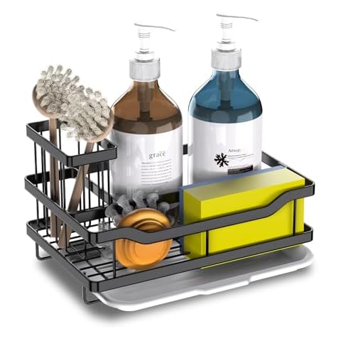 Vanwood Kitchen Sink Caddy Organizer with High Brush Holder, Stainless Steel Sponge Holder for Kitchen Sink with Drain Tray for Storage Kitchen & Home Essentials Cocina Accessories Cover