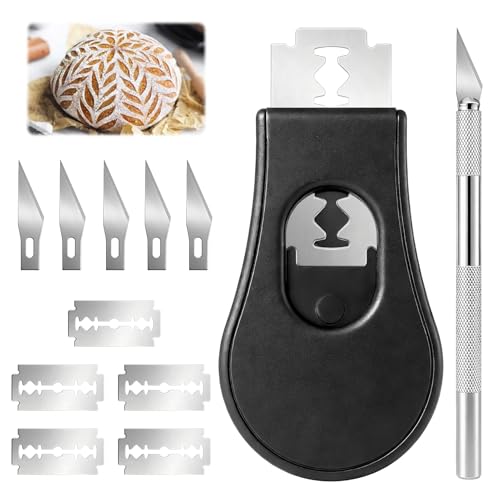 Henjunu 2Pcs Lame Boulanger avec 10 Lames de Rasoir Acier Inoxydable, Extractible et Magnétique Outil à Pain, Couteau Coupe-Pâte Outil pour Grigner Scarifier Pain Accessoire de Boulangerie
