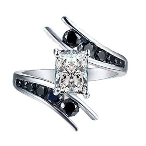 Bagues pour femmes et adolescentes - Incrustées de strass noirs décoratifs pour femmes - Bague carrée en oxyde de zirconium cubique en spirale - Accessoires de bijoux - Argent - Taille 6 Cover