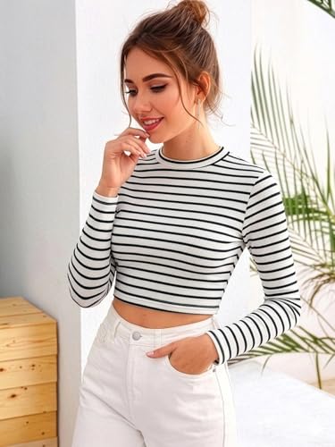 Image of Aahwan Women's 100% Cotton Slim Fit Striped Full Sleeve Crop Top