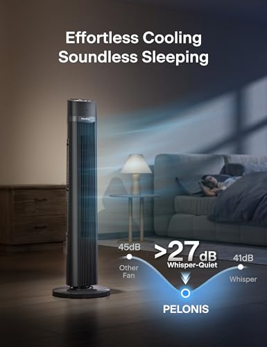 Image of PELONIS 40 inch Bladeless Tower Fan for Bedroom, Standing Fan with Remote Control, 26ft /s, 90 Oscillation, 3 Speed Settings, 27 Db, 3 Modes, 15-Hour Timer, LED Display, Fan that Blows Cold Air, Grey