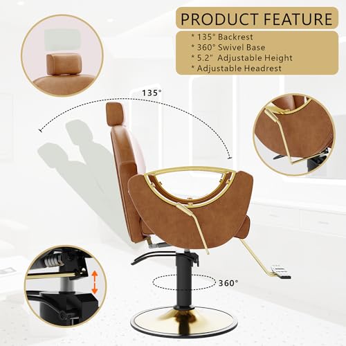 Image of Barber Chair, Reclining Hair Salon Chair, 360 Degrees Swivel Styling Chair, Height Adjustable Hydraulic Shampoo Chairs, Spa Equipment (Brown)
