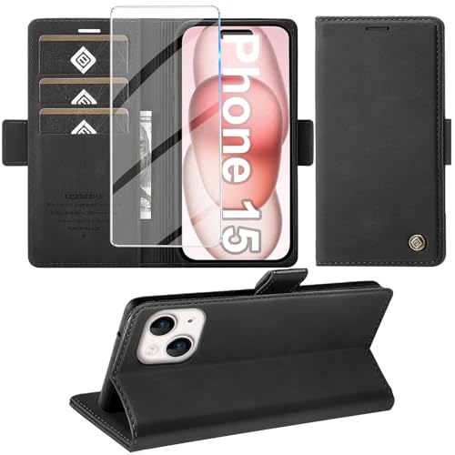 Giyer Handyhülle für iPhone 15 Hülle mit Schutzfolie, Standfunktion Kartenfach Wallet Premium Leder Schutzhülle für iPho...