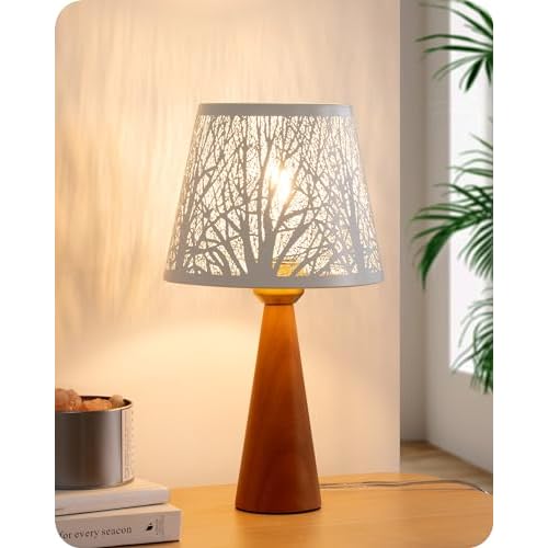 EDISHINE 13.58" Small Table Lamp, Wooden Bedside Lamp, Tree Hollowed Iron Lampshade, Nightstand Lamp for Nursery, Bedroom, Living Room, ON-Off Switch, E26 Socket, Rosewood Color Antique