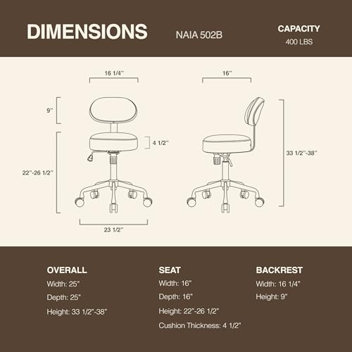 Image of Heavy Duty Extra-Wide Seat Adjustable Height Swivel Rolling Stool for Dental Clinic, Salon, Office, and Bar - NAIA 502 (Dim Grey, Backrest Add-on)