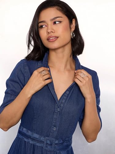 Image of Sassafras Women's A-Line Fit & Flared Half Sleeves Denim Belted Maxi - Casual Streetwear Denim Dress