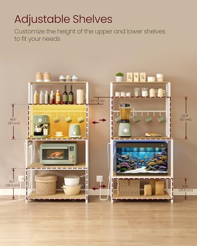 Image of VASAGLE Coffee Bar with LED Lights, Kitchen Bakers Rack with Power Outlet, Microwave Stand with Adjustable Shelves, 8 Hooks, 15.7 x 31.5 x 65.7 Inches, Golden Oak and Matte White UKKS050Y01