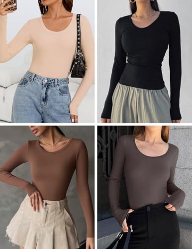 Ekouaer Long Sleeve Tops for Women 3 Pack`Scoop Neck Ribbed Knit Shirts Slim Fit Undershirts Thermal Layering Tee Black/Brown/Beige L
