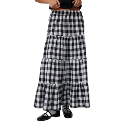 Women's Vintage Plaid Maxi Skirt Mopping Floor Length Big Hem Ruffled Tiered Long Skirt Gingham A Line Skirt