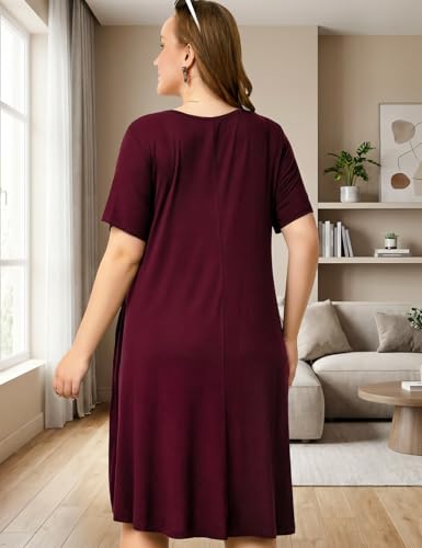 Image of OVERWORETY Womens Short Sleeve Plus Size T-Shirt Dress V Neck Casual Loose Swing A-Line Summer Tunic Dresses with Pockets