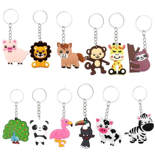 BOBOZHONG Gastgeschenke Schlüsselanhänger,12 Stücke Jungle Tier Schlüsselanhänger Cartoon Silikon Schlüsselbund,für Taufe Baby Shower Kommunion Kinderggeburtstag Party Mitgebsel