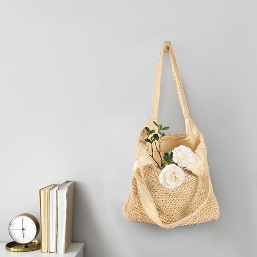 Image of Pleneal Straw Beach Bags for Women - Women Beach Handmade Woven Tote Bag, Summer Mesh Hollow Shoulder Bag for Holiday
