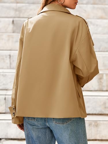 Tankaneo Womens Short Trench Coat Oversized Double Breasted Stand Collar Cropped Jacket Fall Casual Work Outerwear4
