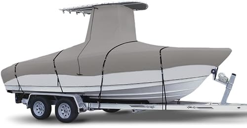 Zenicham 900D Marine Grade Fade and Tear Resistant Trailerable T-Top Boat Cover，Heavy-Duty Waterproof and UV-Proof TTOP Boat Storage Cover with Windproof Metal Buckle Straps Fit 20ft-22ft Long(Gray)