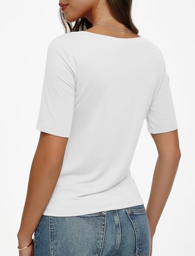 Women's Half Sleeve Boat Neck Shirts Ruched Side Slim Fit Basic Casual T Shirts Summer Casual Tee Tops Cream White4