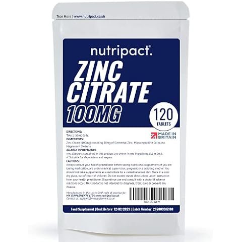 Zinc Citrate 100mg Max Strength Tablets - 120 Pack - 4 Month Supply - Providing 30mg of Elemental Zinc (300% NRV) per Tablet - Vegan - Mineral Supplement - UK Made to GMP Standard Cover