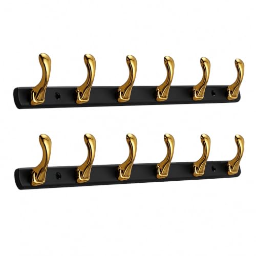 Image of ELUVIA Zinc Alloy 6 Pin Wall Hooks for Hanging Cloth and Towel Hangers for Wall Hook,Hook Rail Home Bathroom Kitchen & Bedroom (Pack of 2, Gold Black, 6 Hook)