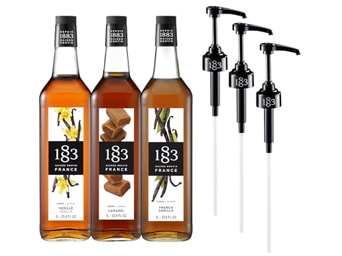 Image of 1883 Vanilla, Caramel, French Vanilla Syrups with Pumps (Cafe Variety Pack) for Coffee & Drinks - 1 Liter Glass Bottles (Pack of 3)