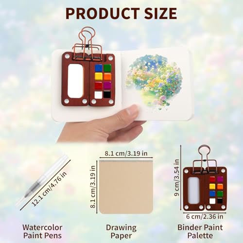 8PCS Mini Watercolor Paint Set - 1PCS Mini Binder Paint Palette / 1 Pack Drawing Paper / 3PCS Watercolor Paint Pens for Portable Watercolor Paint Palette Travel Grid Paint Box Pack,