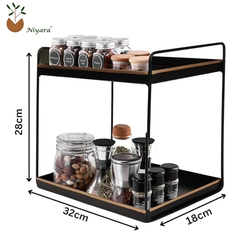 Image of Niyara Iron Metal Heavy Duty Stand 2-Tier multistorage /Multipurpose Standing Rack, Bathroom Countertop Storage Shelf Cosmetic Organizer Holder Kitchen Spice Rack, (Square Black with Gold)