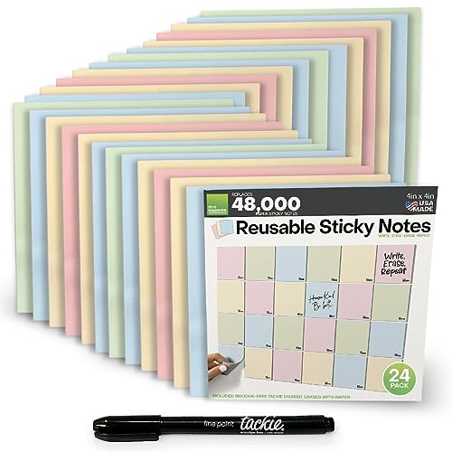 M.C. Squares Reusable Sticky Notes | 4" x 4" 24 Pack of Colorful Stickies | Wet & Dry Erase Post Notes | Re-Stickable | Cling to Stainless Steel, Glass, Plastic | Includes Wet Erase Marker | USA Made