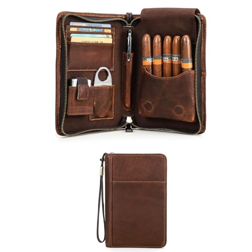 Hiram Cigar Travel Case, Genuine Leather Cigar Humidor Hold 5 Cigars Portable Cigar Box with Cigar Cutter Lighter Pocket