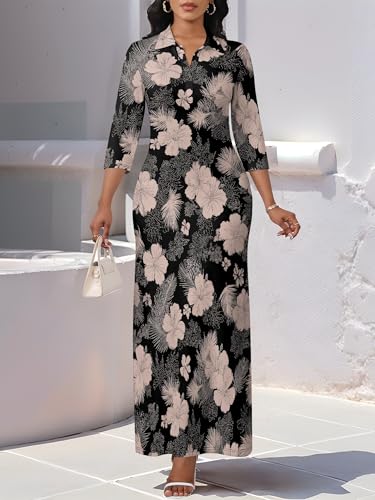 Image of PinkPatty Women's Casual 3 /4 Sleeve Polo V Neck Bodycon Maxi Dress