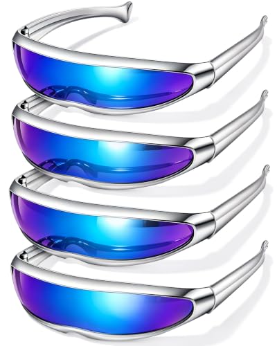 Image of 4 Pairs Futuristic Narrow Cyclops Sunglasses Robot Space Costume Color Mirrored Lens