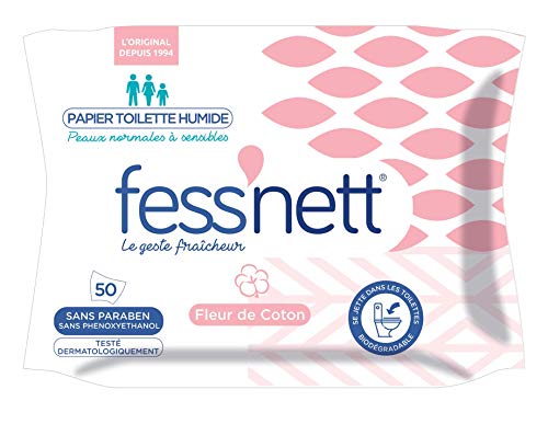 Fess'nett - 棉花湿厕纸 x50 - 经皮肤病学测试的配方 0% 对羟基苯甲酸酯 0% 苯氧乙醇 - 适合中性至敏感肌肤