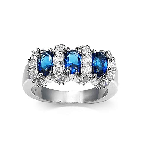 925 Sterling Silver Fashion Natural Emerald Sapphire Ring Oval Perfect Cut 3-Stone Rainbow Cubic Zirconia Rings CZ Classical Eternity Engagement Wedding Band Ring for Women (Sapphire, US Code 10)2