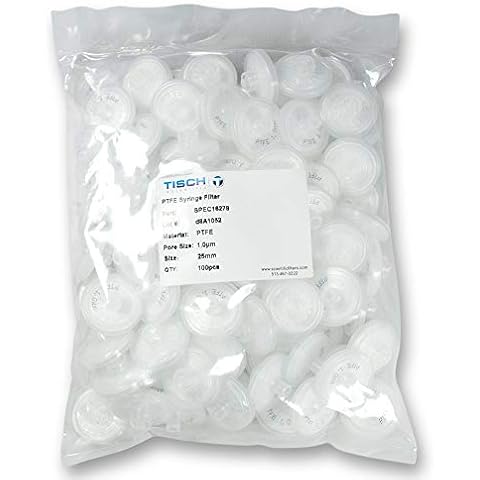 Tisch Brand SPEC16278 Polytetrafluoroethylene PTFE Syringe Filters, 1um, 25mm, Double luer Lock, 1/pk/100 per Pack | Wettability: Hydrophobic | Maximum Operating Temperature: 60 Degrees C Cover