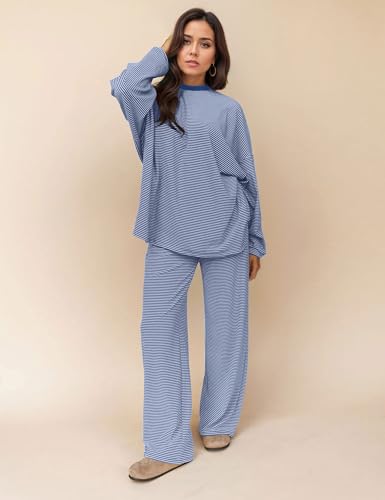 Image of MISSACTIVER Women's 2 Piece Striped Lounge Set Long Sleeve Oversized T-Shirt Wide Leg Pants Matching Pajamas Set
