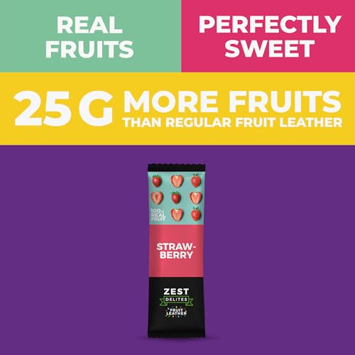 Dried Fruit Bars by Zest Delites, Fruit Leather Snacks, Strawberry Strips, Healthy Snacks Pack for Adults & Kids, Lavashak, Vegan, Apple-Based, Strawberry, 0.88 oz x 10