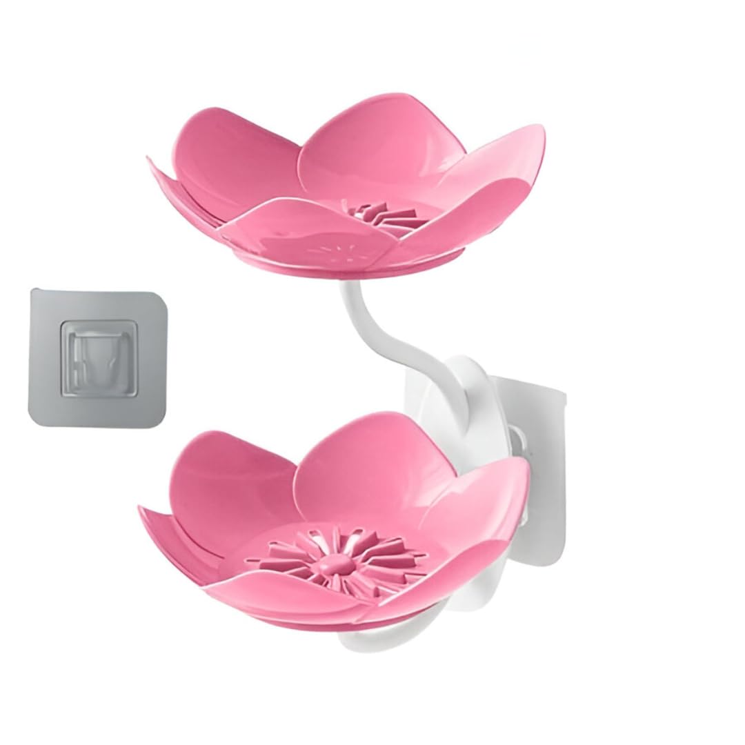 Flower Wall-Mounted Double-Layer Soap Holder, Pink Plastic Bathroom Organizer, Removable Tray for Shower, Sink, Sponge Storage (1, Multi)