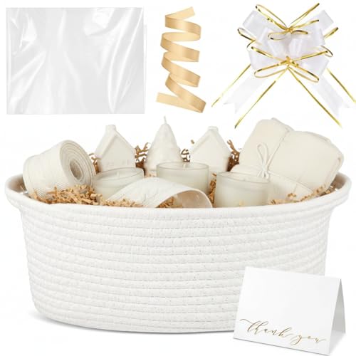 Image of Colingmill Woven Basket with Gift Bags and 2 Ribbons, Raffia Grass Paper Shred Filler, Gift Card, Empty Small Rope Basket for Storage Presents Toy Organizer(White,12 * 8 Inch)