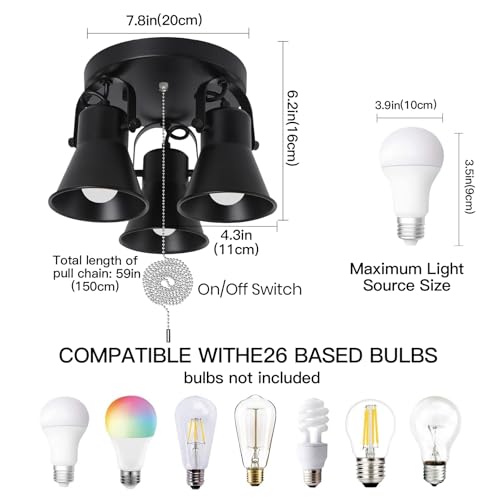 Image of 3-Light Industrial Track Lighting with Pull Chain On /Off Switch, Adjustable Round Kitchen Ceiling Light, Morden Black Flush Mount Directional Light for Kitchen, Hallway, Dining Room, Bathroom