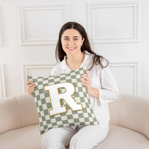 Image of Erosebridal Sage Green Checkered Throw Pillow Covers 20x20 Set of 2 Plaid Initial R Pillow Covers Personalized Monogram Cushion Cover Fashion Grids Gingham Pillow Cases for Couch Sofa