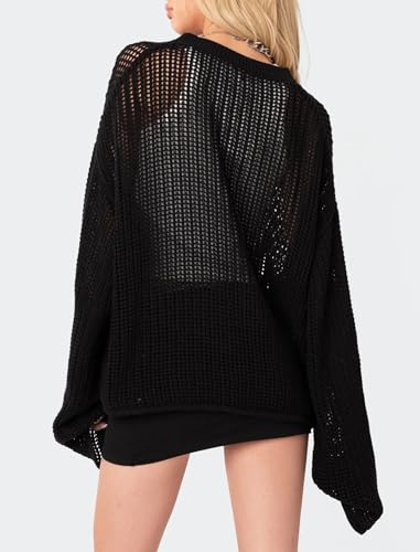 Image of CORIRESHA Women's Fashion Star Boat Neck Long Sleeves Oversized Knit Sweaters Cover Up
