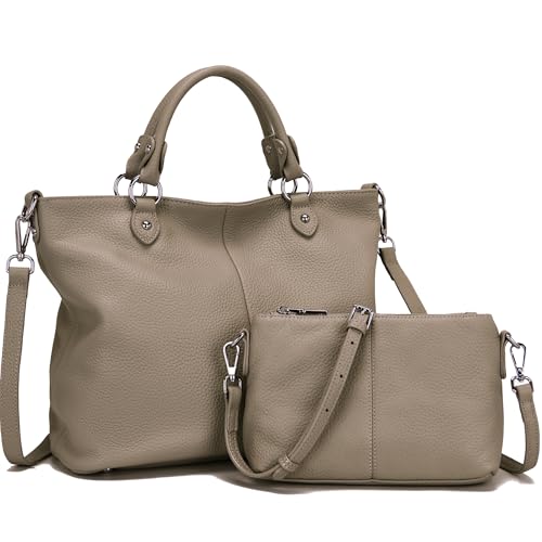 GAIFONGRE Women's Apricot Genuine Leather Tote Handbag with Crossbody Bag, 16