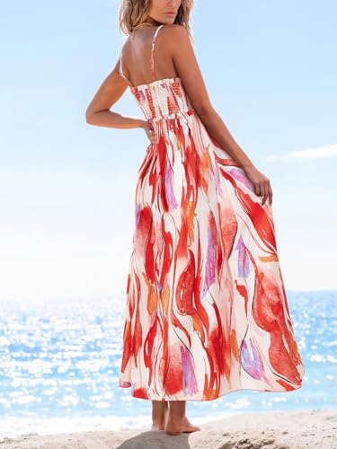 Image of CUPSHE Women's Floral Maxi Dress Spaghetti Strap Summer Boho Beach Dress Smocked Sundress Casual Vacation Flowy Long Dress