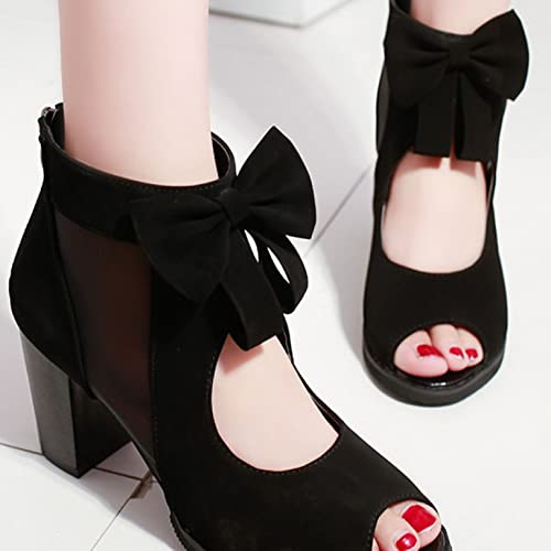 Mesh Chunky Heel Sandals For Women Non Skid Faux Suede Peep Toe Sandal Girls Sexy Party Boots With Back Zipper #TOP1