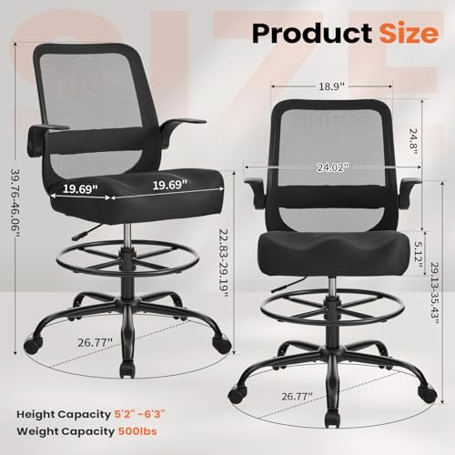 Image of Drafting Chair for Standing Desks, 500LBS Capacity Tall Office Chair with Adjustable Height, Foot Ring, Flip-Up Armrests, Thick Curved Seat for Home Office, Drawing, and Creative Work