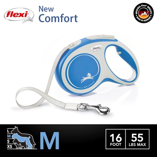 FLEXI New Comfort Tape Retractable Dog Leashes for Medium Dogs Upto 55 lbs. – 16 ft., Blue | Tangle Free Pet Walking Leash with One-Handed Brake, Pause, Lock|German Quality Product